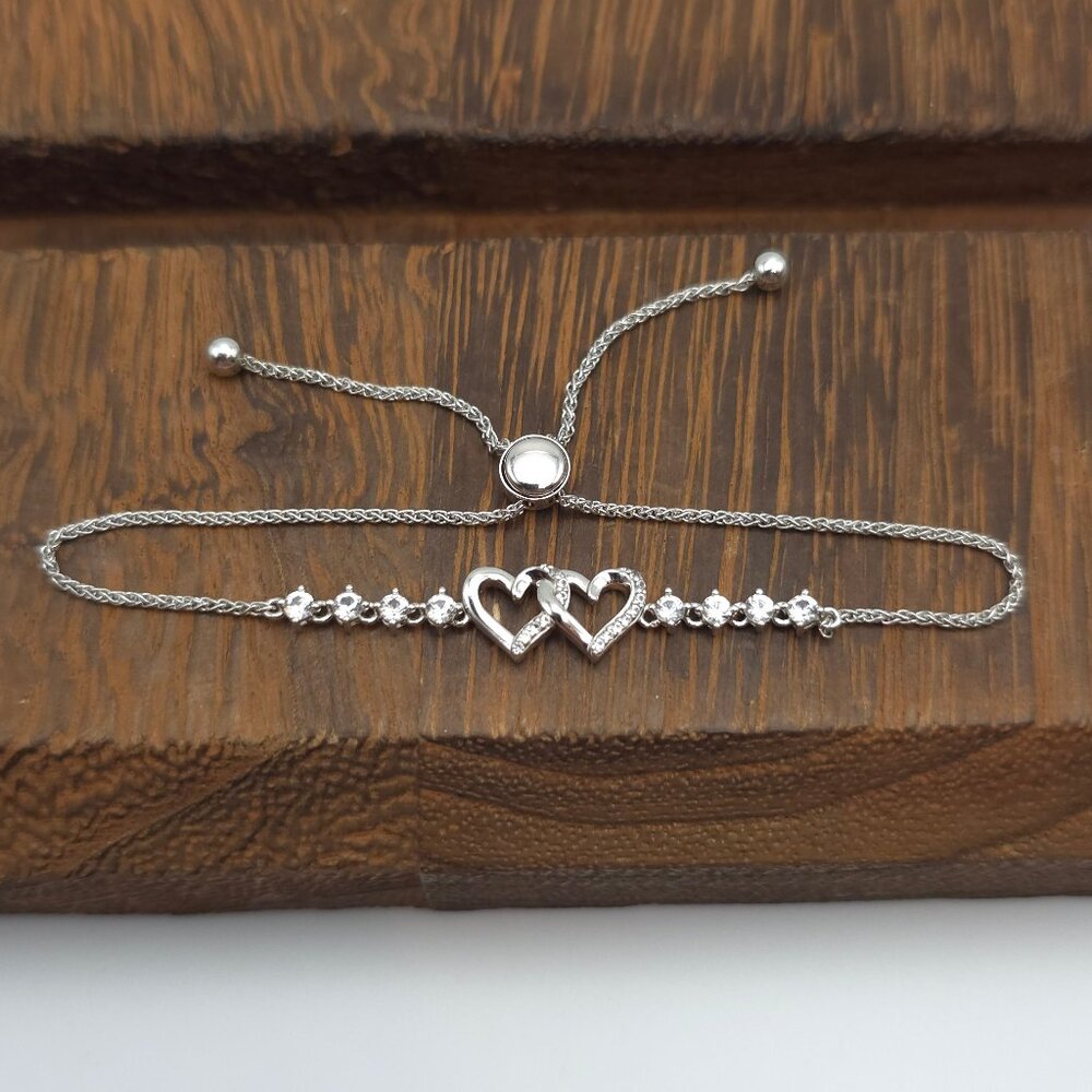 7 Inch 925 Sterling Silver Topaz Gem Hearts Adjustable Bracelet A145